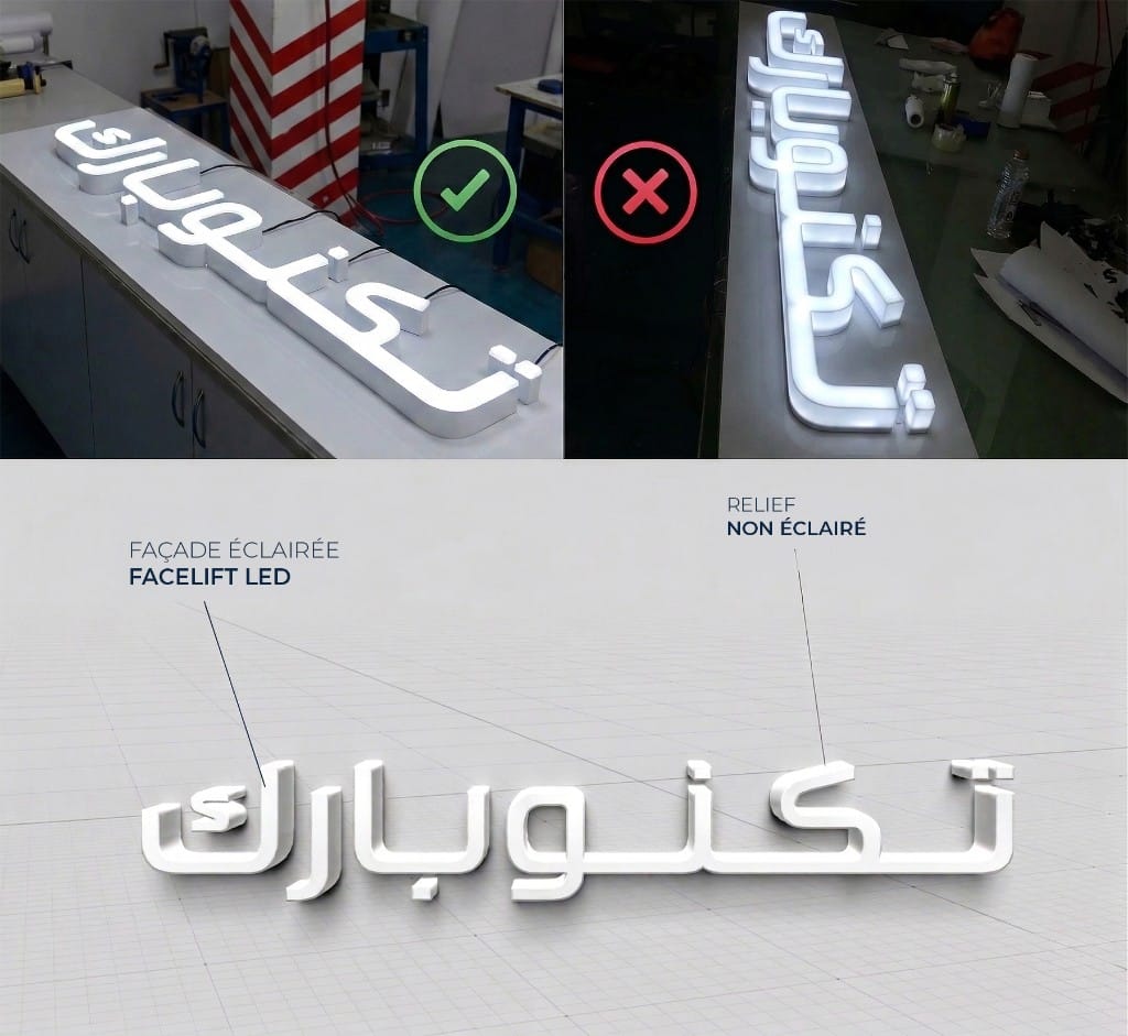 Fabrication enseigne LED en atelier - Lettrage lumineux façade éclairée et relief non éclairé au Maroc