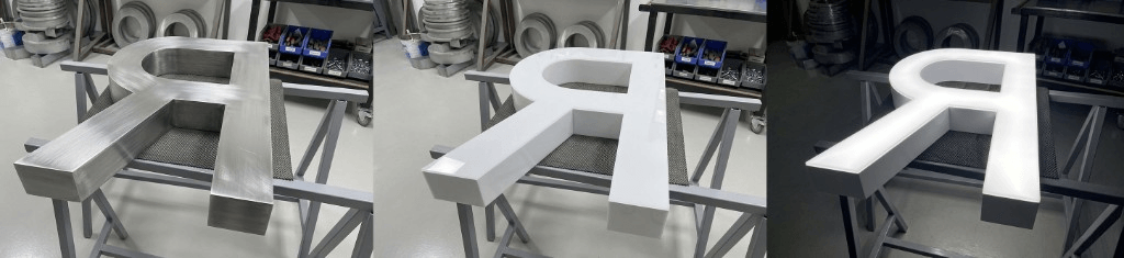 Fabrication lettre 3D en Inox brossé et PVC laqué blanc - Atelier logo relief AdKey Signs Maroc