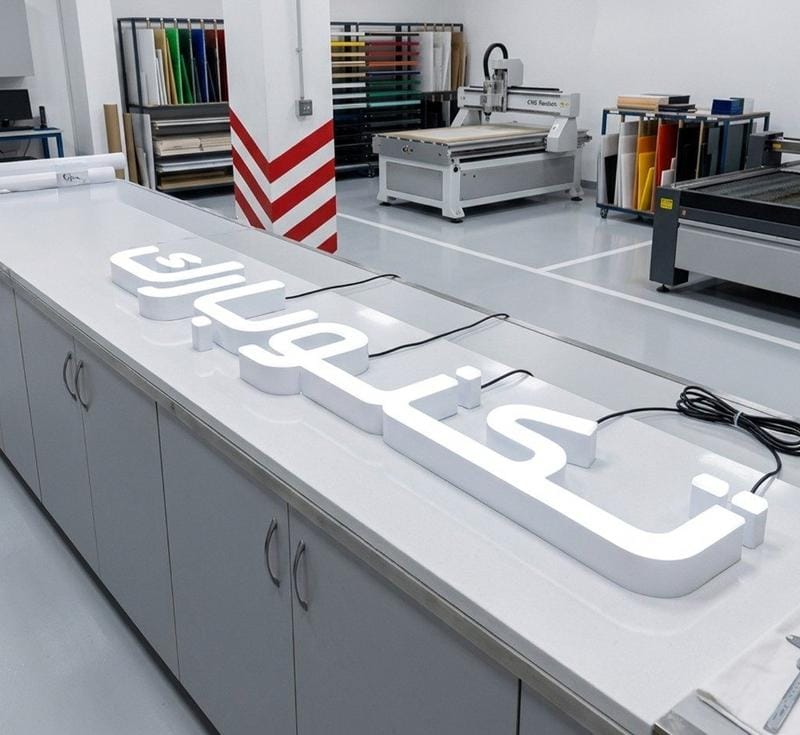 Fabrication logo 3D lettrage en relief en atelier - Découpe laser et assemblage lettres lumineuses Maroc