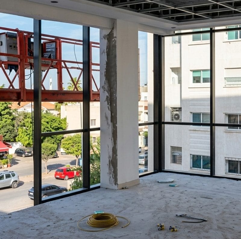 Pose mur-rideau aluminium intérieur chantier Tanger