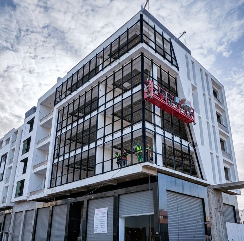 Mur-rideau aluminium pose immeuble Tanger
