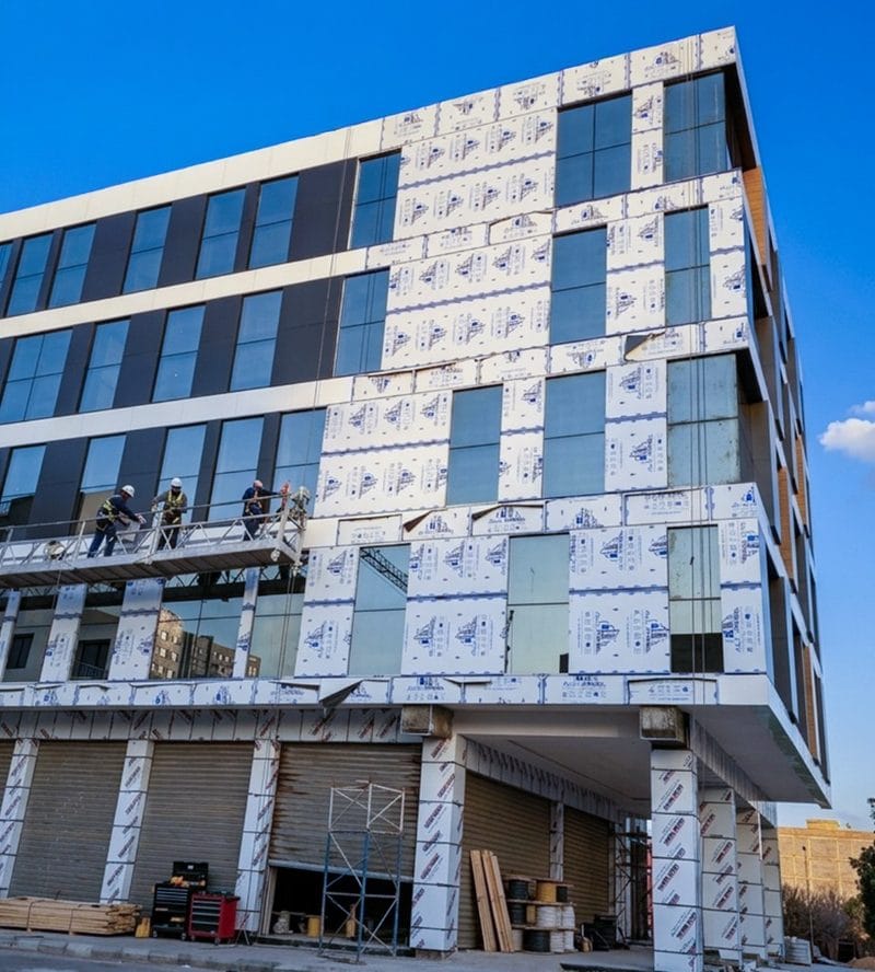 Habillage façade Alupanel immeuble moderne grand chantier Tanger