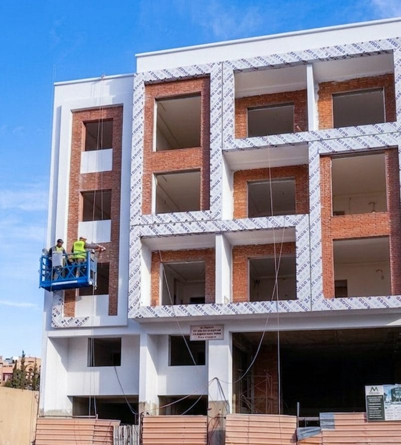 Habillage façade Stacbond immeuble résidentiel Tanger - Pose panneaux composites blanc