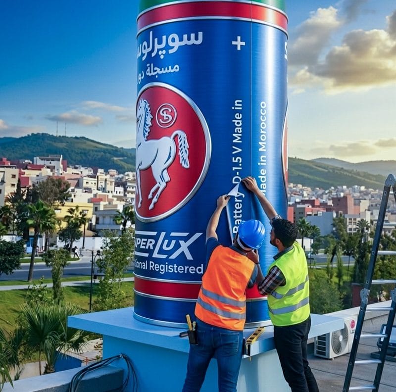 Habillage totem publicitaire SuperLux - Impression vinyle grand format et pose en hauteur à Tanger