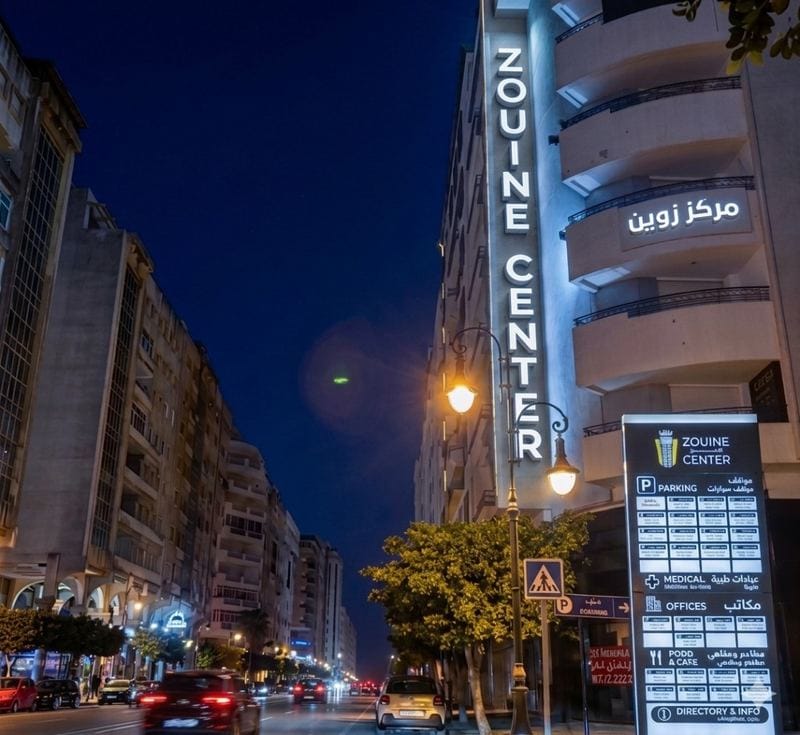 Logo 3D lumineux Zouine Center - Lettrage vertical LED et totem directionnel signalétique Tanger