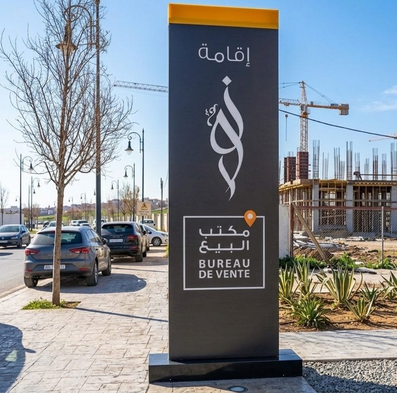 Totem publicitaire chantier immobilier - Bureau de vente résidence Maroc