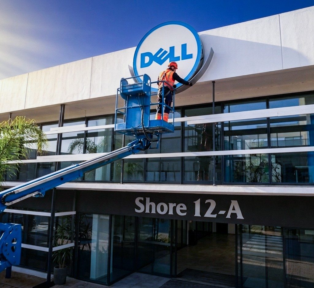 Maintenance signalétique au Maroc - Technicien AdKey Signs intervenant sur une enseigne lumineuse Dell en façade avec une nacelle