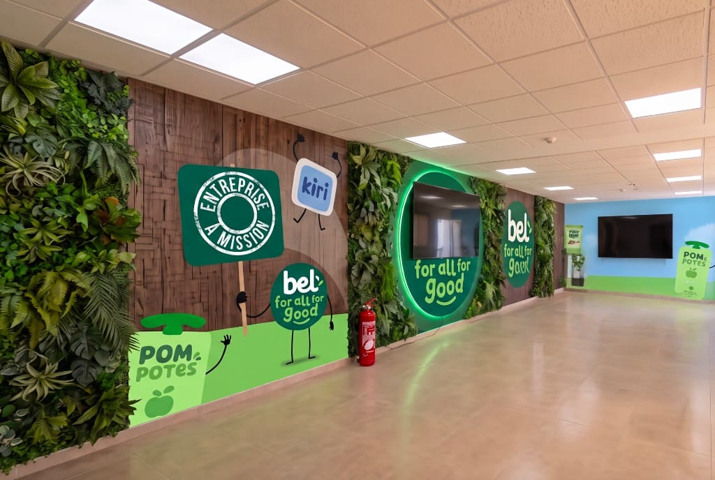 Indoor signage for Bel, Kiri and Pom'Potes in Morocco — wall branding, living wall and 3D logos