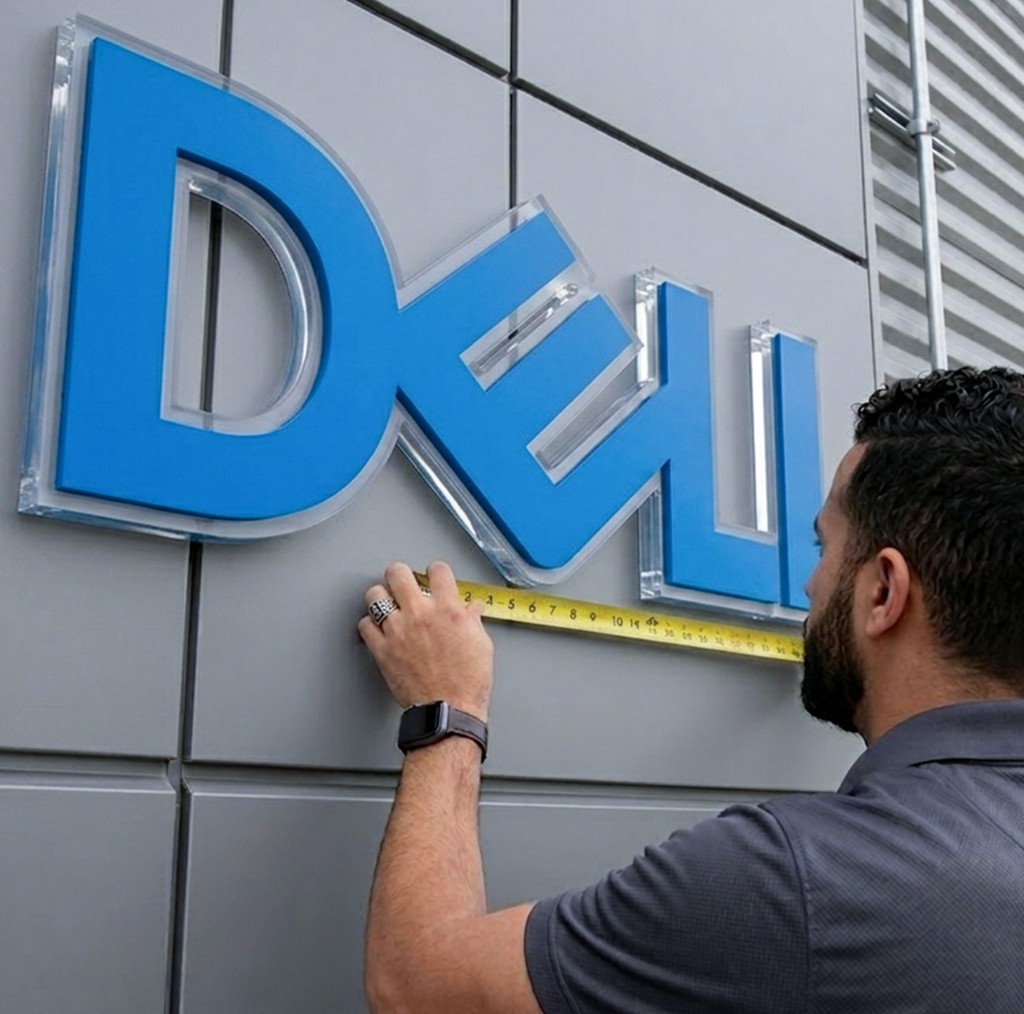 Site survey Morocco - AdKey Signs technician measuring a 3D Dell logo on a façade